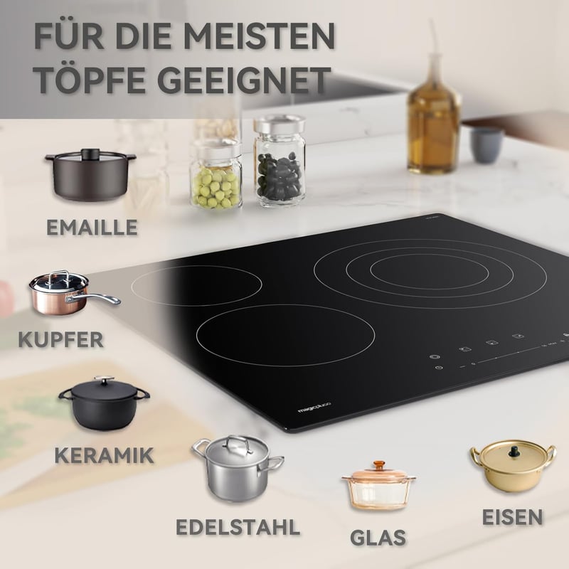 magicplux 59 cm üvegkerámia főzőlap 3 égővel, 6600W, 16 fokozat, érintésvezérlés, gyermekzár, időzítő