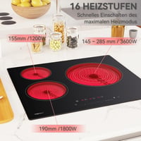 magicplux 59 cm üvegkerámia főzőlap 3 égővel, 6600W, 16 fokozat, érintésvezérlés, gyermekzár, időzítő 5