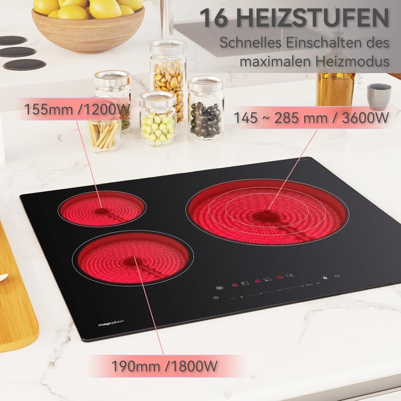 magicplux 59 cm üvegkerámia főzőlap 3 égővel, 6600W, 16 fokozat, érintésvezérlés, gyermekzár, időzítő