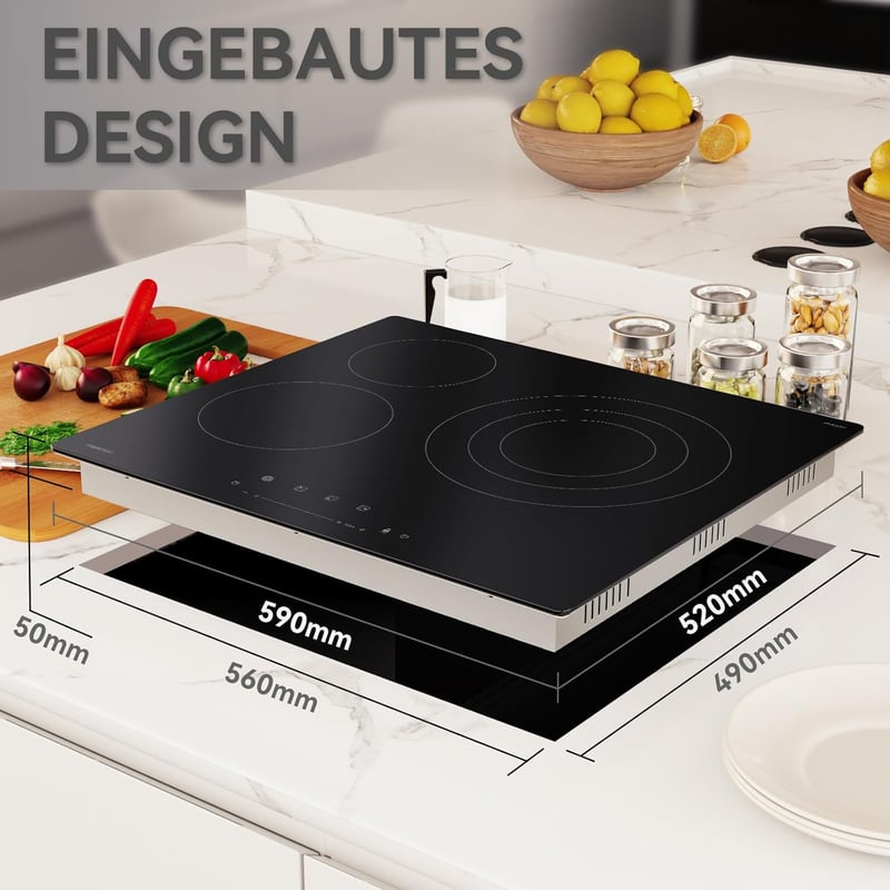 magicplux 59 cm üvegkerámia főzőlap 3 égővel, 6600W, 16 fokozat, érintésvezérlés, gyermekzár, időzítő