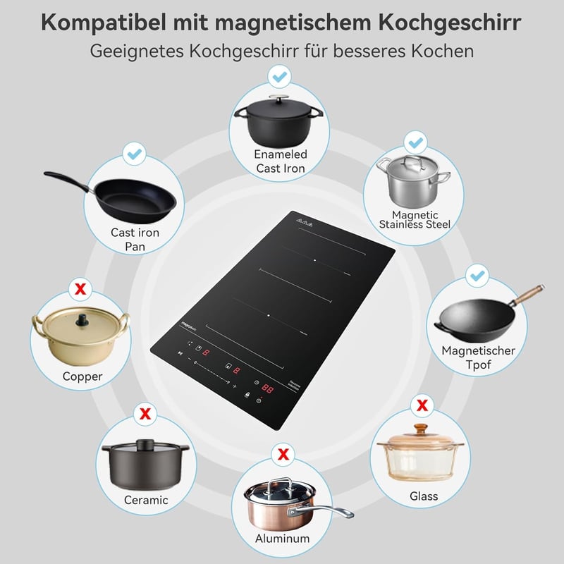 magicplux Beépíthető Indukciós Főzőlap 29 cm - 2 Zónás + Flex Zóna, 9 Teljesítményszint, Gyerekzár, Időzítő, Érintőgombos, 3500W