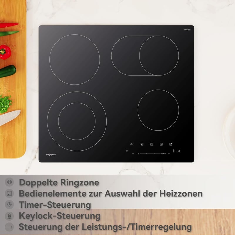 Magicplux Üvegkerámia Főzőlap 59 cm - 4 Zónás, Dual és Ovális Mezőkkel, 15 Hőfokozat, Érintőgombos, Gyerekzár, Időzítő, 7200W