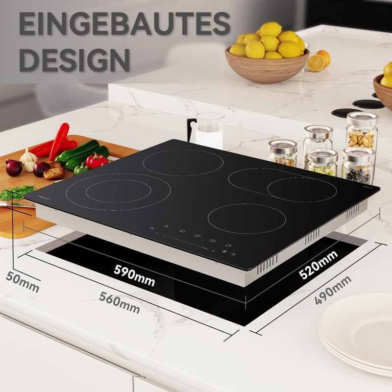 Magicplux Üvegkerámia Főzőlap 59 cm - 4 Zónás, Dual és Ovális Mezőkkel, 15 Hőfokozat, Érintőgombos, Gyerekzár, Időzítő, 7200W