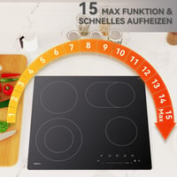 Magicplux Üvegkerámia Főzőlap 59 cm - 4 Zónás, Dual és Ovális Mezőkkel, 15 Hőfokozat, Érintőgombos, Gyerekzár, Időzítő, 7200W 7
