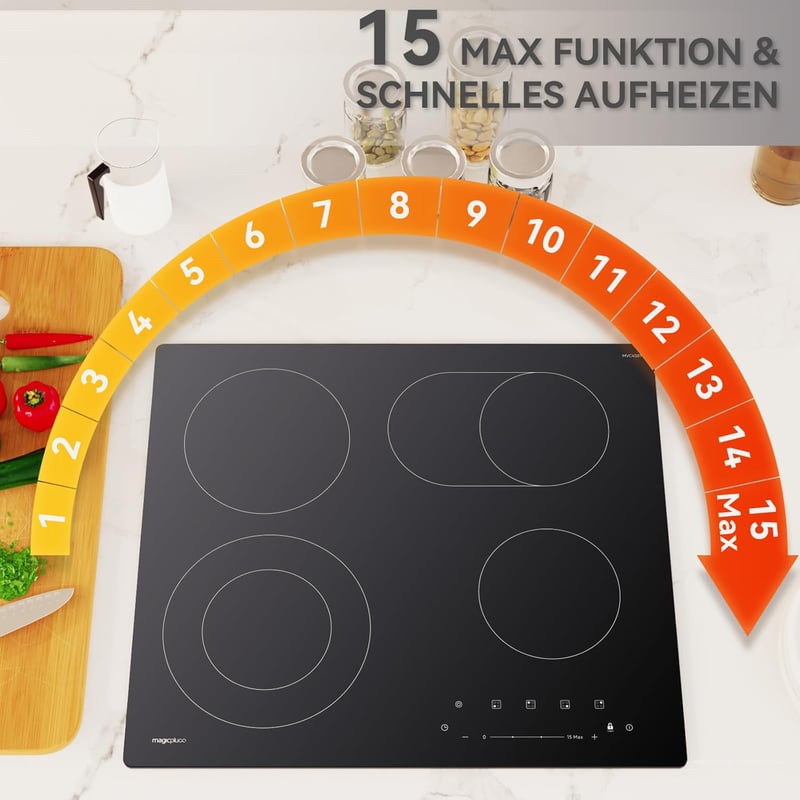 Magicplux Üvegkerámia Főzőlap 59 cm - 4 Zónás, Dual és Ovális Mezőkkel, 15 Hőfokozat, Érintőgombos, Gyerekzár, Időzítő, 7200W