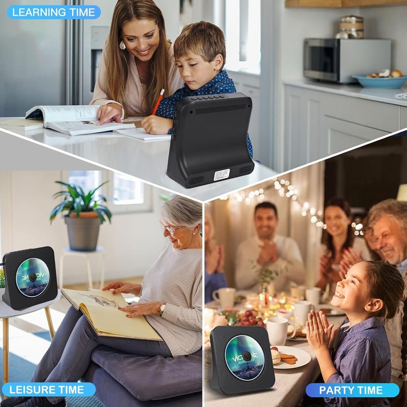 MAITE Bluetooth CD Lejátszó Dupla Hangszóróval - Hordozható FM Rádió, Időzítő, AUX/USB Bemenet, Fejhallgató Csatlakozó, 10m Hatótáv