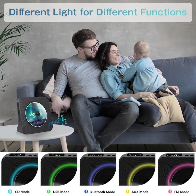 MAITE Bluetooth CD Lejátszó Dupla Hangszóróval - Hordozható FM Rádió, Időzítő, AUX/USB Bemenet, Fejhallgató Csatlakozó, 10m Hatótáv