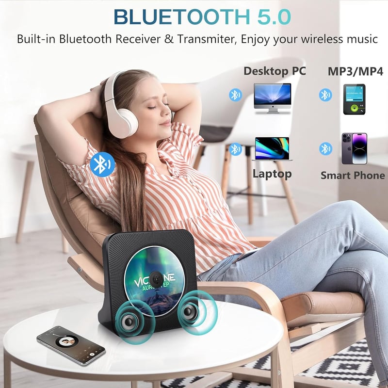 MAITE Bluetooth CD Lejátszó Dupla Hangszóróval - Hordozható FM Rádió, Időzítő, AUX/USB Bemenet, Fejhallgató Csatlakozó, 10m Hatótáv