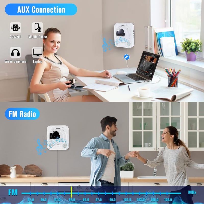 MAITE Bluetooth CD Lejátszó Hordozható Fali Rádió HiFi Hangszórókkal USB MP3 FM Távirányítóval Fejhallgató Csatlakozóval
