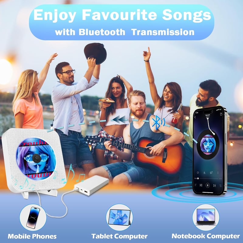 MAITE Falra szerelhető Bluetooth CD lejátszó HiFi hangszórókkal - FM rádió, USB, AUX bemenet, fejhallgató csatlakozó, távirányító, húzókapcs