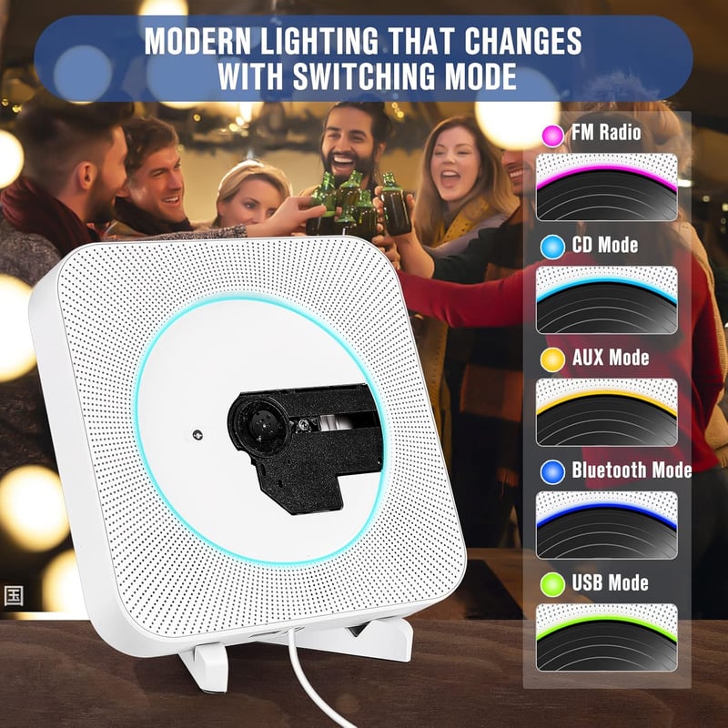 MAITE Falra szerelhető Bluetooth CD lejátszó HiFi hangszórókkal - FM rádió, USB, AUX bemenet, fejhallgató csatlakozó, távirányító, húzókapcs