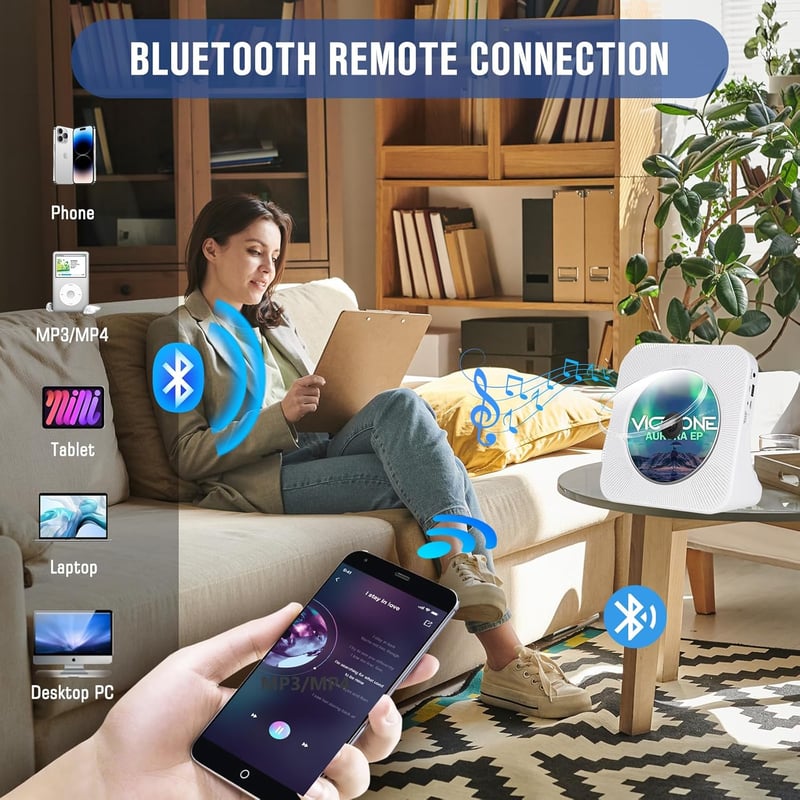 MAITE Hordozható CD Lejátszó Bluetooth Adóval, Időzítő Funkcióval, Portalanító Fedéllel, FM Rádió USB AUX Port Távirányító