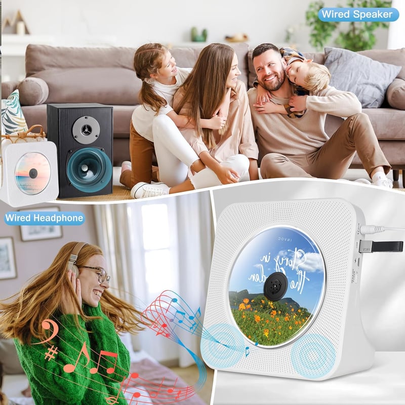 MAITE Hordozható CD Lejátszó Bluetooth Adóval, Időzítő Funkcióval, Portalanító Fedéllel, FM Rádió USB AUX Port Távirányító