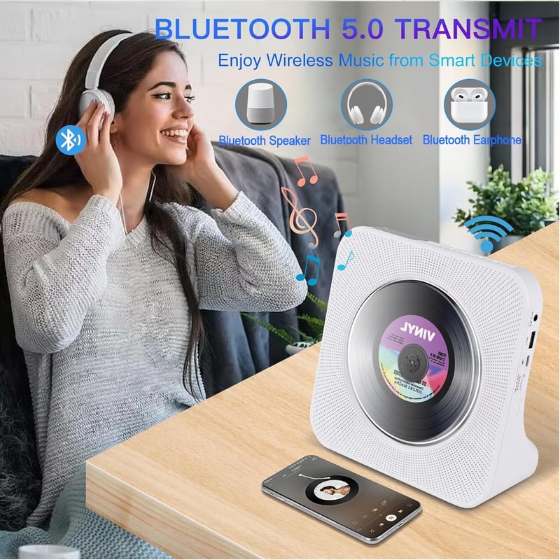 MAITE Hordozható CD Lejátszó Bluetooth Adóval, Időzítő Funkcióval, Portalanító Fedéllel, FM Rádió USB AUX Port Távirányító