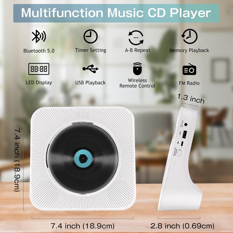 MAITE Hordozható CD Lejátszó Bluetooth Funkcióval, Dupla Hangszóróval, FM Rádióval, USB/AUX Csatlakozással, Időzítővel és Távirányítóval - F
