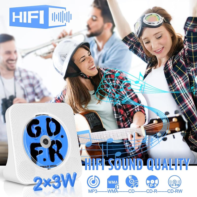 MAITE Hordozható CD Lejátszó Bluetooth Funkcióval, Dupla Hangszóróval, FM Rádióval, USB/AUX Csatlakozással, Időzítővel és Távirányítóval - F