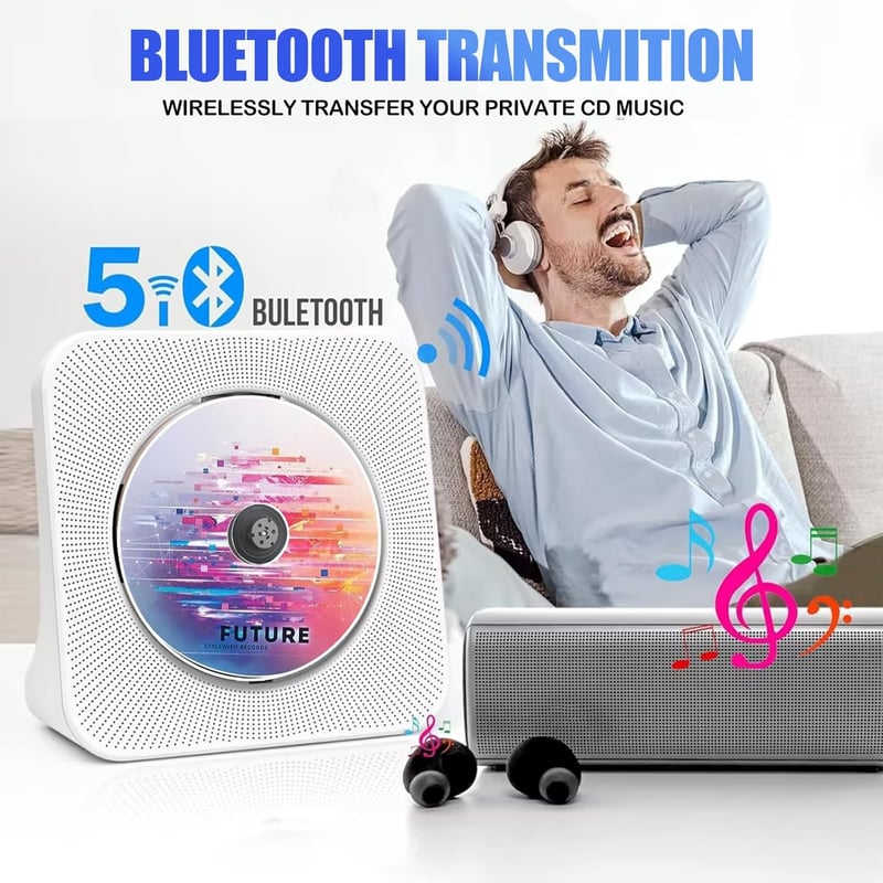 MAITE Hordozható CD Lejátszó Bluetooth Funkcióval, Dupla Hangszóróval, FM Rádióval, USB/AUX Csatlakozással, Időzítővel és Távirányítóval - F