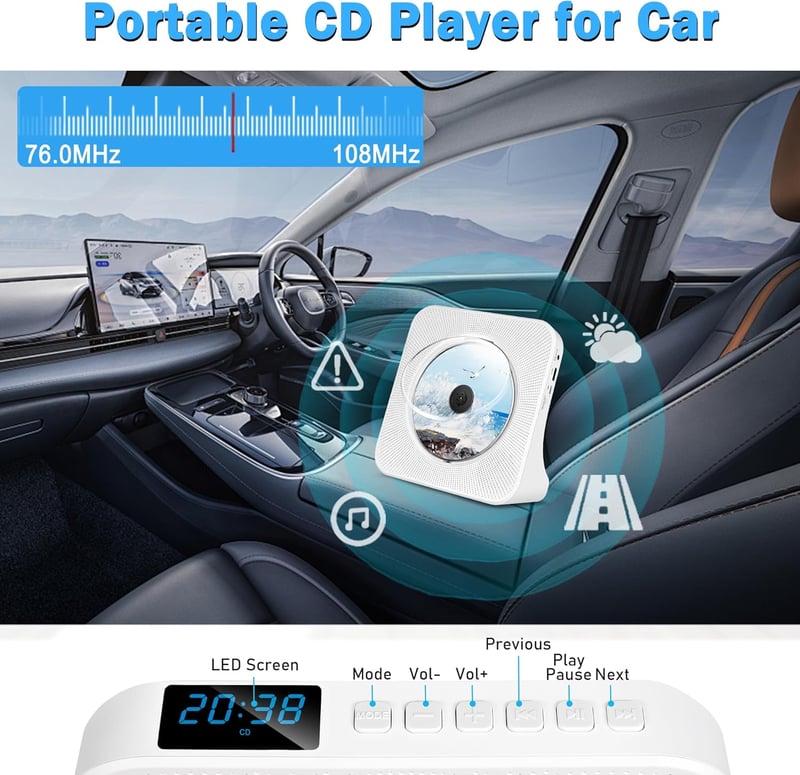 MAITE Hordozható CD Lejátszó Bluetooth Funkcióval, Dupla Hangszóróval, FM Rádióval, USB/AUX Csatlakozással, Időzítővel és Távirányítóval - F