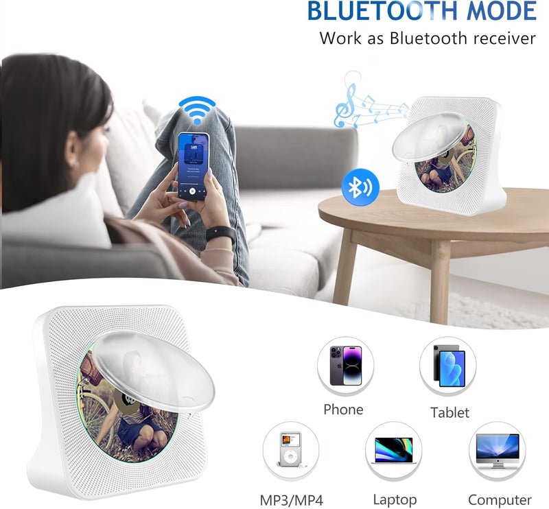 MAITE Hordozható CD Lejátszó Bluetooth Funkcióval, Dupla Hangszóróval, FM Rádióval, USB/AUX Csatlakozással, Időzítővel és Távirányítóval - F