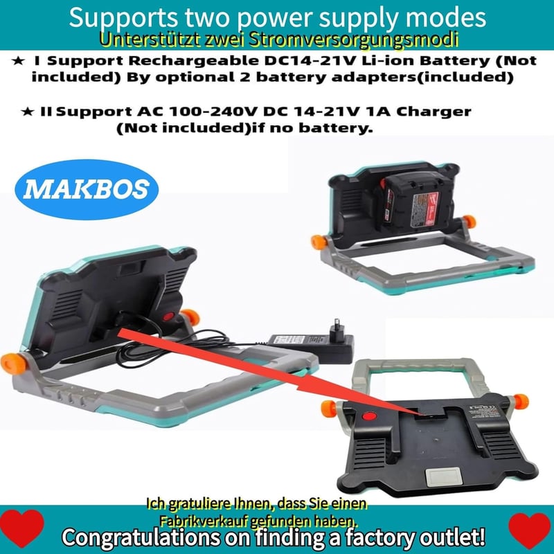 MAKBOS Akkumulátor Adapter 18V Munkalámpa - Kompatibilis Milwaukee M18 és Dewalt 20V Akkukkal - LED Építkezési Reflektor, Munkahelyi Világít