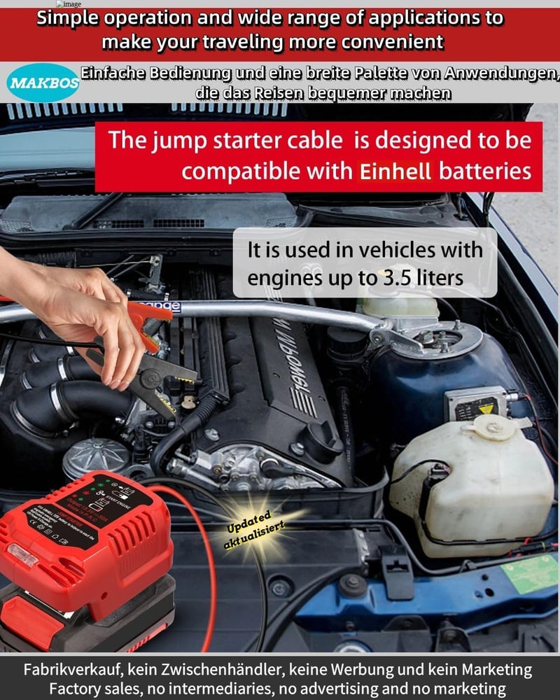 MAKBOS Autó Bikázó Adapter Einhell 18V Akkumulátorhoz, Hordozható Jump Starter Power Bank Átalakító 12V Autóindításhoz