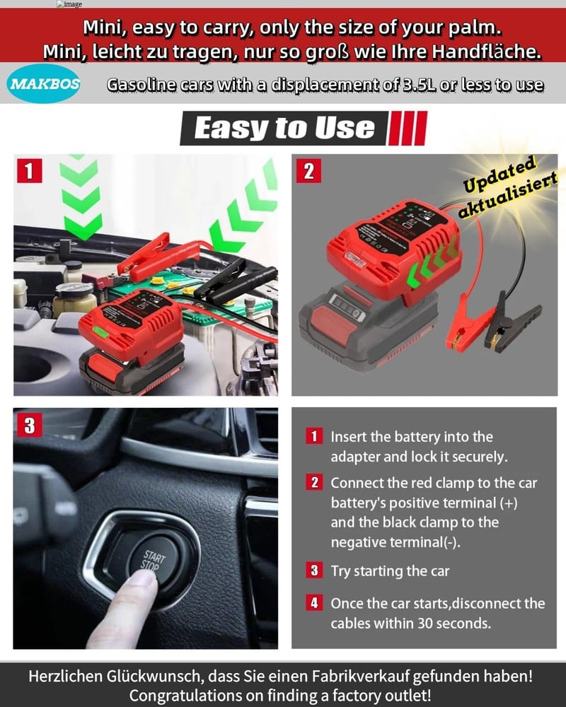 MAKBOS Autó Bikázó Adapter Einhell 18V Akkumulátorhoz, Hordozható Jump Starter Power Bank Átalakító 12V Autóindításhoz