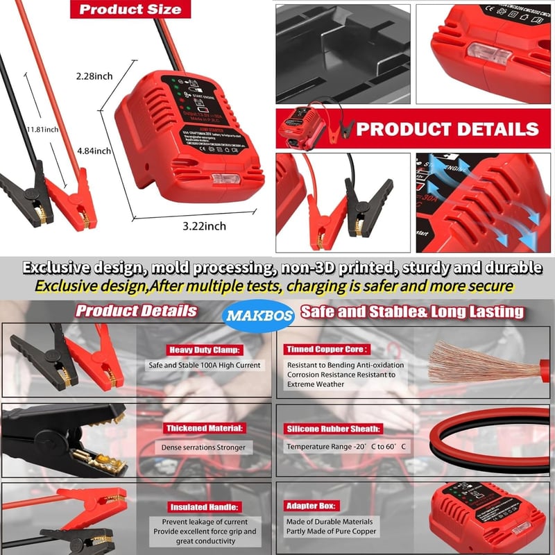 MAKBOS Autó Bikázó Adapter Einhell 18V Akkumulátorhoz, Hordozható Jump Starter Power Bank Átalakító 12V Autóindításhoz