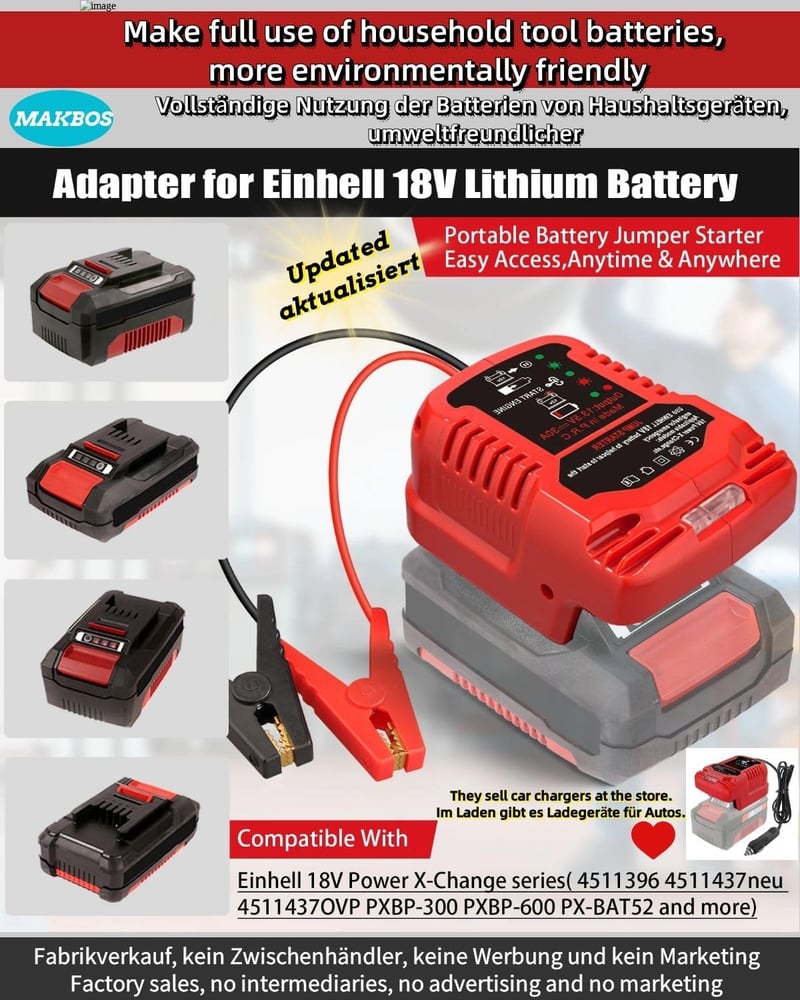 MAKBOS Autó Bikázó Adapter Einhell 18V Akkumulátorhoz, Hordozható Jump Starter Power Bank Átalakító 12V Autóindításhoz