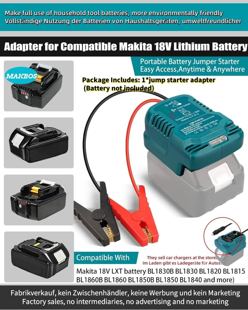 MAKBOS Autó Indítósegéd Adapter Makita 18V Akkumulátorhoz, Hordozható Powerbank Átalakító 12V Autó Indításhoz