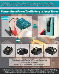 MAKBOS Autó Indítósegéd Adapter Makita 18V Akkumulátorhoz, Hordozható Powerbank Átalakító 12V Autó Indításhoz 2