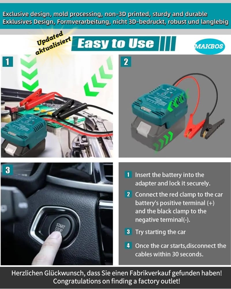 MAKBOS Autó Indítósegéd Adapter Makita 18V Akkumulátorhoz, Hordozható Powerbank Átalakító 12V Autó Indításhoz