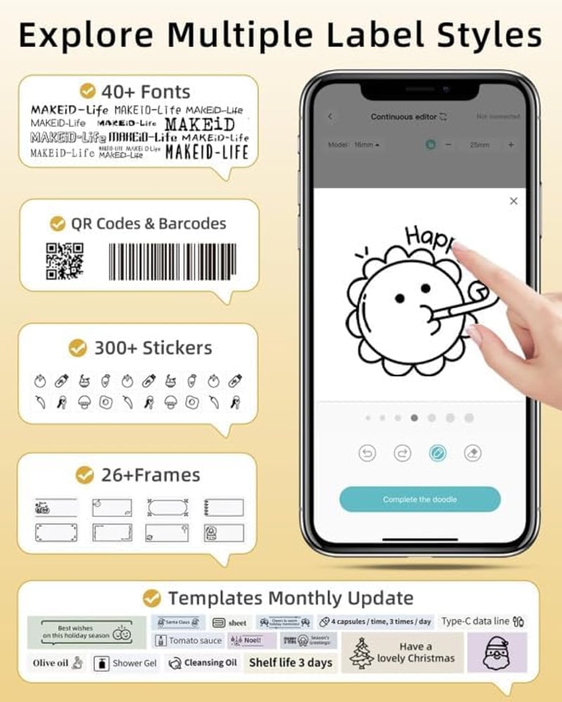 Makeid Bluetooth Címkéző Készülék - Hordozható Öntapadós Címkenyomtató 300DPI - iOS és Android Kompatibilis Vezeték Nélküli Feliratozó Fehér