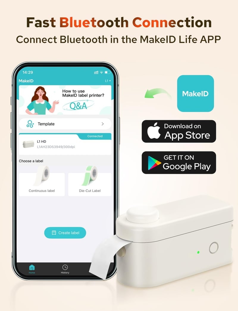 Makeid L1 Bluetooth Címkenyomtató, Hordozható Mini Címkéző Készülék Otthonra és Irodába, 9-16mm Nyomtatási Méret
