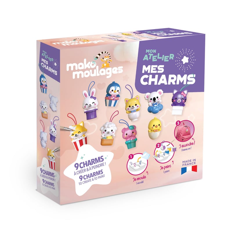 Mako Moulages Mon Atelier Mes Charms DIY tvorivá súprava – 9 sadrových odliatkov zvieratiek v štýle Kawaii – Tvorba príveskov na kľúče a tašky – od 8 rokov