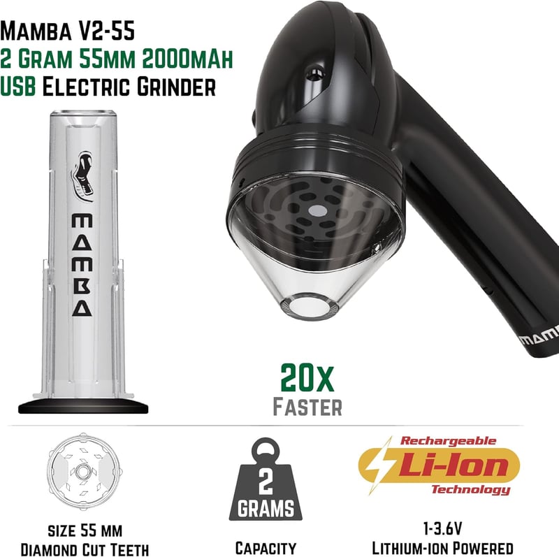 Mamba Grinders Elektromos Fűszerdaráló - Fekete, USB Tölthető, Alumínium, 2000 mAh, Fűszernövényekhez, Utazáshoz, Kiegészítőkkel