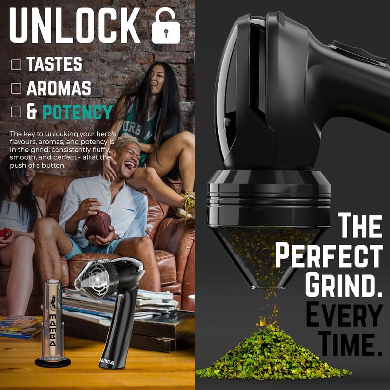 Mamba Grinders Elektromos Fűszerdaráló - Fekete, USB Tölthető, Alumínium, 2000 mAh, Fűszernövényekhez, Utazáshoz, Kiegészítőkkel