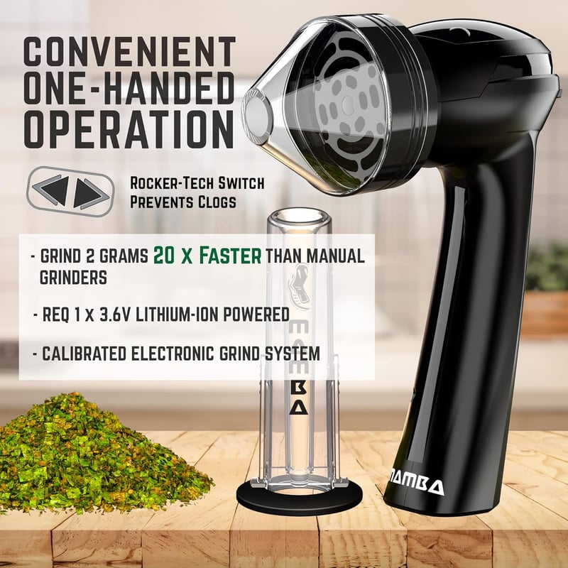 Mamba Grinders Elektromos Fűszerdaráló - Fekete, USB Tölthető, Alumínium, 2000 mAh, Fűszernövényekhez, Utazáshoz, Kiegészítőkkel