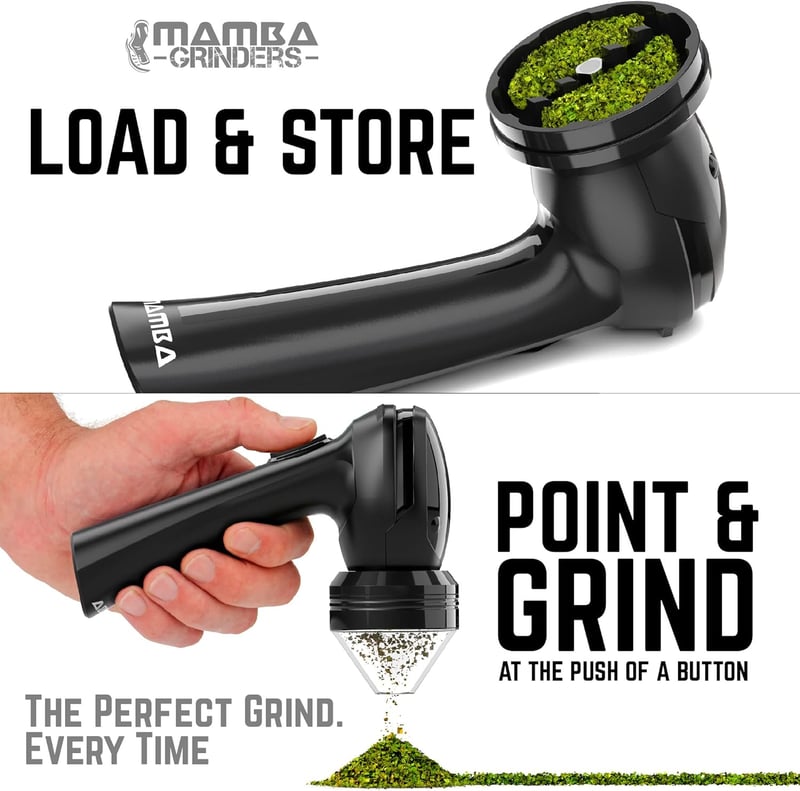 Mamba Grinders Elektromos Fűszerdaráló - Fekete, USB Tölthető, Alumínium, 2000 mAh, Fűszernövényekhez, Utazáshoz, Kiegészítőkkel