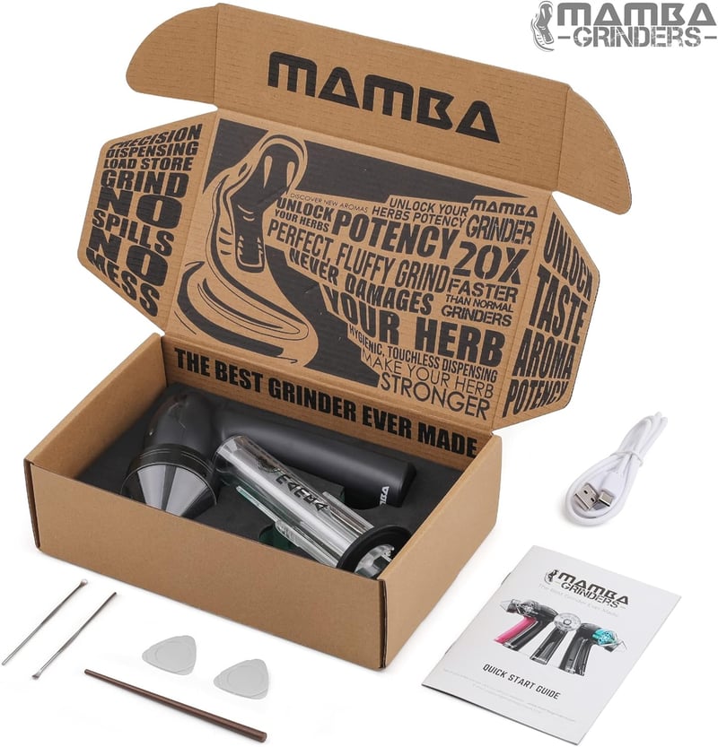 Mamba Grinders Elektromos Fűszerdaráló - Fekete, USB Tölthető, Alumínium, 2000 mAh, Fűszernövényekhez, Utazáshoz, Kiegészítőkkel