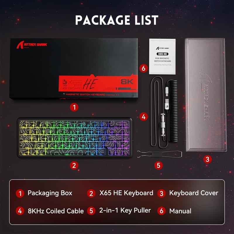 MAMBASNAKE Attack Shark X65 HE Gyors Mágneses Gaming Billentyűzet, 0.01mm Pontosság, 8kHz, 60% Kompakt, Állítható Kapcsolók, RGB Háttérvilág
