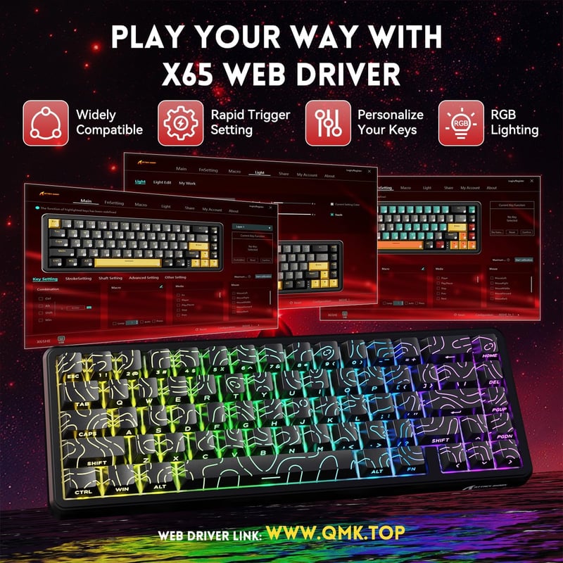 MAMBASNAKE Attack Shark X65 HE Gyors Mágneses Gaming Billentyűzet, 0.01mm Pontosság, 8kHz, 60% Kompakt, Állítható Kapcsolók, RGB Háttérvilág