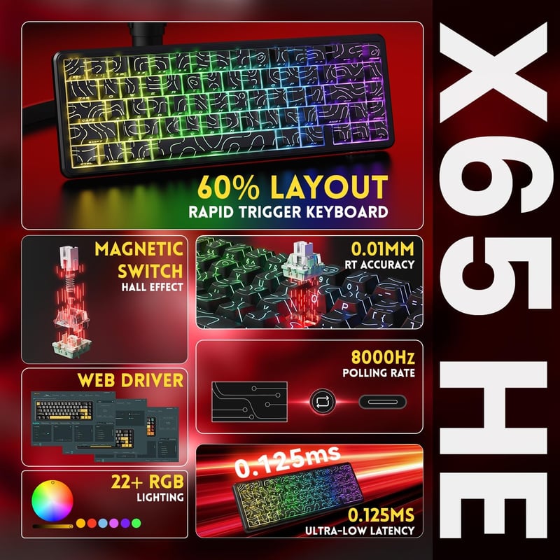 MAMBASNAKE Attack Shark X65 HE Gyors Mágneses Gaming Billentyűzet, 0.01mm Pontosság, 8kHz, 60% Kompakt, Állítható Kapcsolók, RGB Háttérvilág