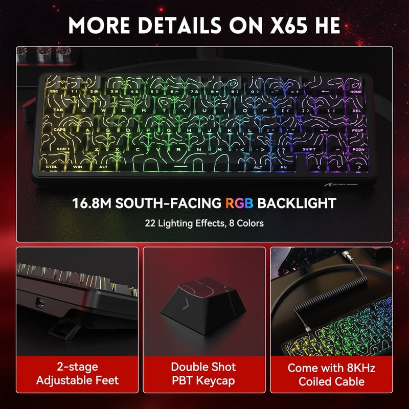 MAMBASNAKE Attack Shark X65 HE Gyors Mágneses Gaming Billentyűzet, 0.01mm Pontosság, 8kHz, 60% Kompakt, Állítható Kapcsolók, RGB Háttérvilág