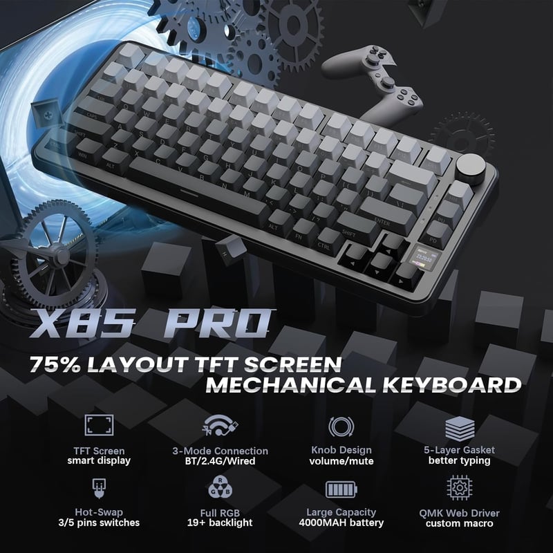 MAMBASNAKE Attack Shark X85PRO Wireless Gamer Billentyűzet TFT Kijelzővel és Forgatógombbal - Moonlight (Linear Blueberry Switch)
