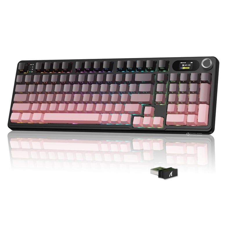 MAMBASNAKE × Attack Shark X98 Pro 96% mechanická bezdrôtová herná klávesnica, RGB, LED displej, otočný ovládač, tri režimy pripojenia BT/2.4G/USB-C, hot-swap, 4000 mAh – ružová