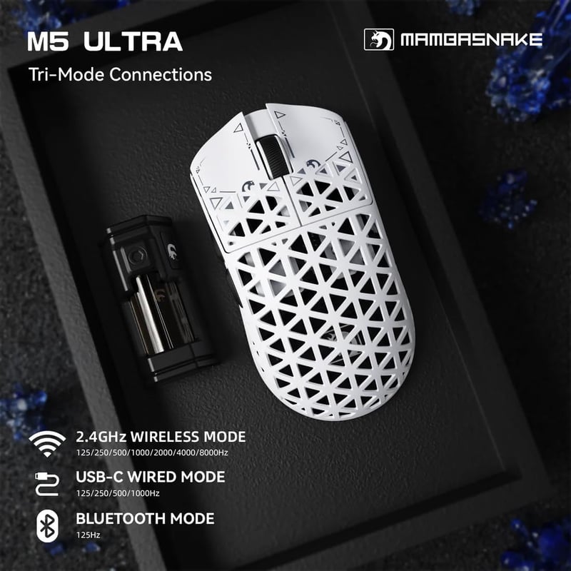 MAMBASNAKE M5 Ultra Szénszálas 8000Hz Vezeték Nélküli Gaming Egér, 39g Szuperkönnű, 42000DPI, Bluetooth/2.4G/USB-C, PC/Mac Kompatibilis