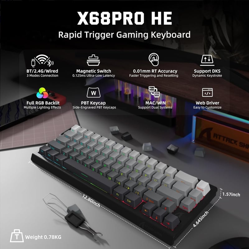 MAMBASNAKE X Attack Shark X68PRO 8KHz Wireless Gaming Billentyűzet RGB