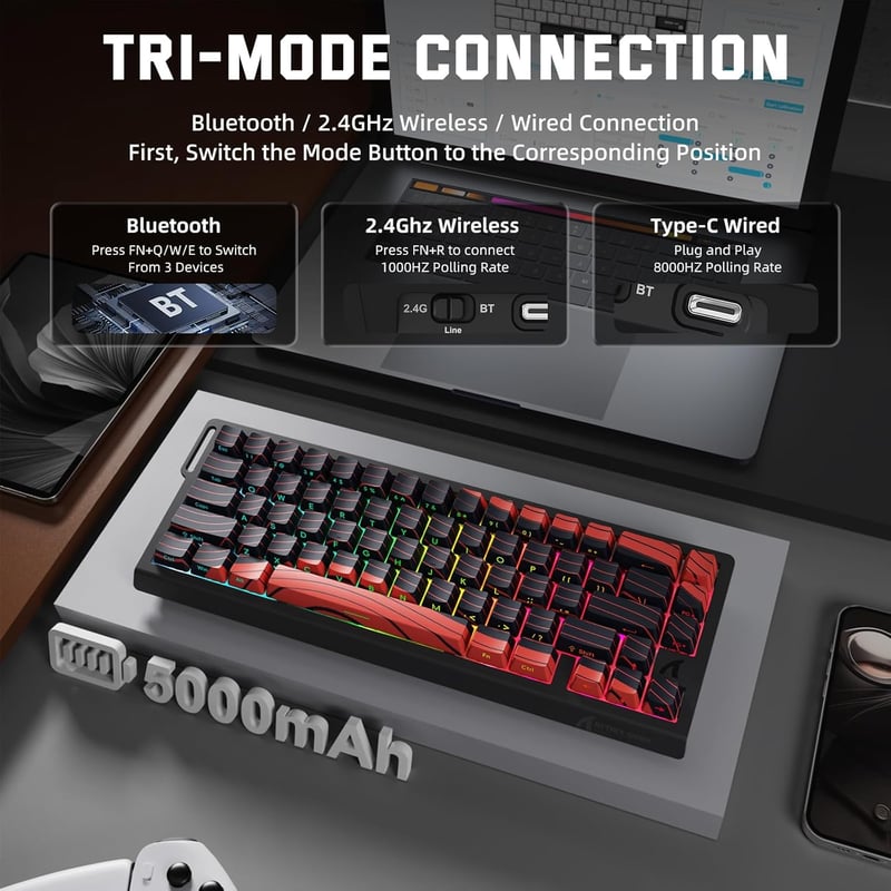 MAMBASNAKE X Attack Shark X68PRO HE 8KHz Wireless Gaming Billentyűzet RGB Piros