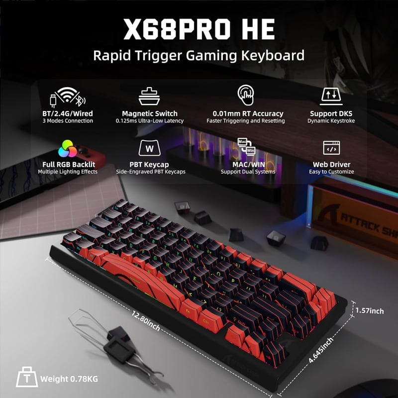 MAMBASNAKE X Attack Shark X68PRO HE 8KHz Wireless Gaming Billentyűzet RGB Piros