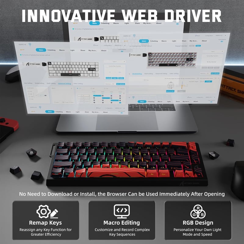 MAMBASNAKE X Attack Shark X68PRO HE 8KHz Wireless Gaming Billentyűzet RGB Piros